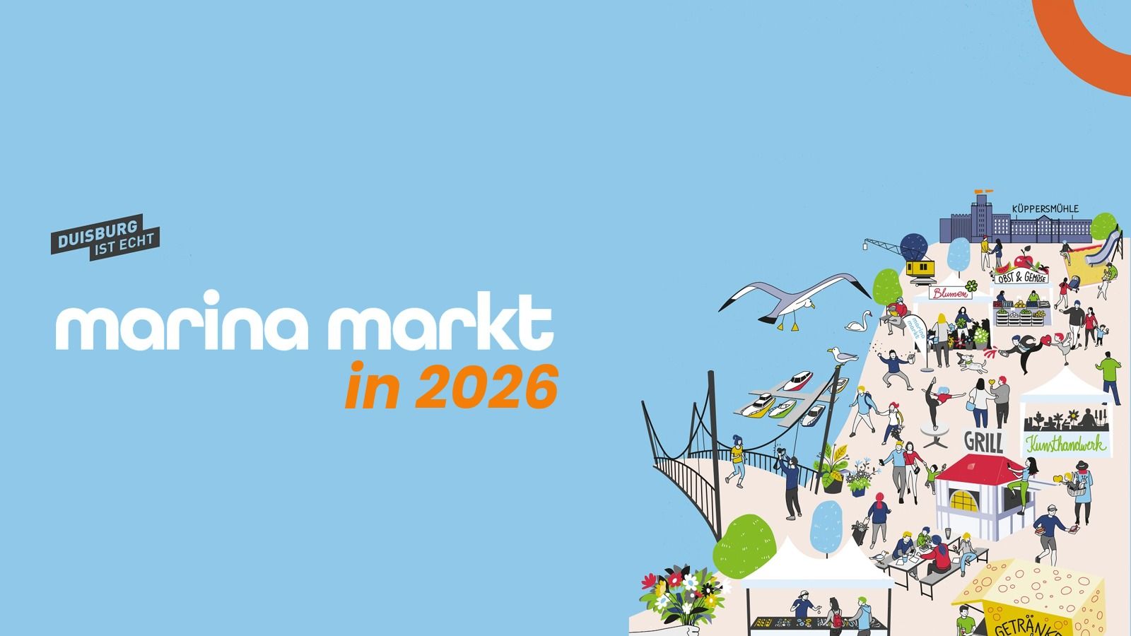 Banner zum Marina-Markt 2026 am Duisburger Innenhafen mit Marktständen, Kunsthandwerk und Gastronomie