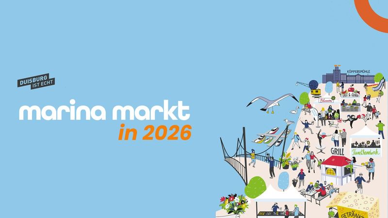 Banner zum Marina-Markt 2026 am Duisburger Innenhafen mit Marktständen, Kunsthandwerk und Gastronomie